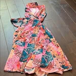 HUTCH. Vibrant Floral Wrap Dress in Pink, Teal, pink & Coral